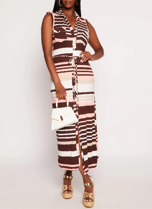 Sleeveless Striped Maxi Shirt Dress