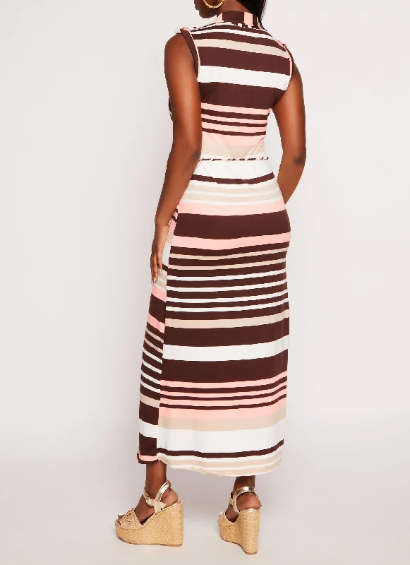 Sleeveless Striped Maxi Shirt Dress