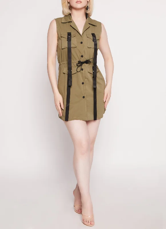 Strappy Cargo Pocket Button Front Mini Dress