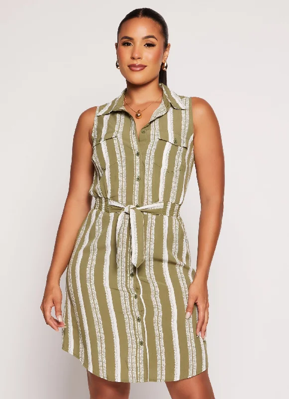 Striped Button Front Smocked Tie Waist Shirt Dress