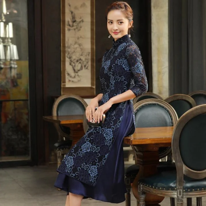 3/4 Sleeve Mandarin Collar Tea Length Floral Lace Ao Dai Dress