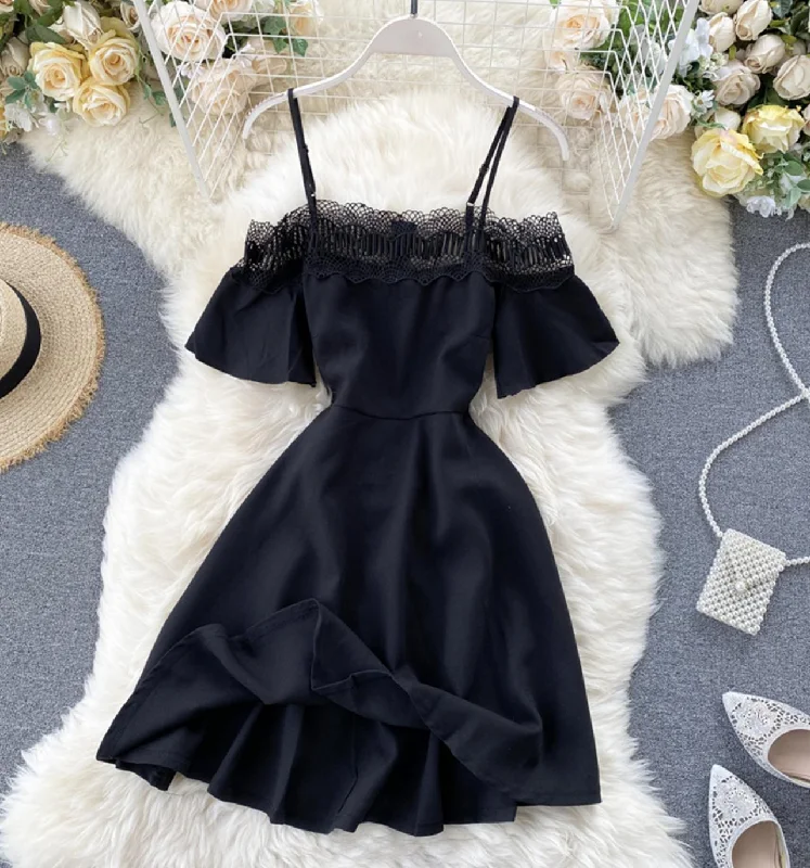 Cute black lace short dress A line off shoulder dress  742