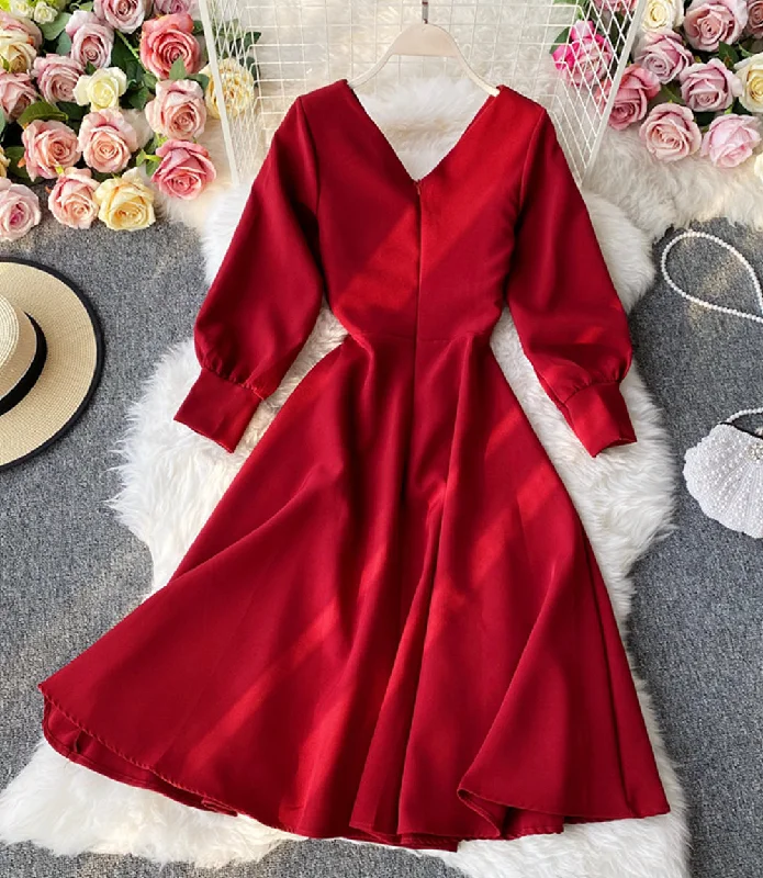 Simple A line v neck dress long sleeve dress  916